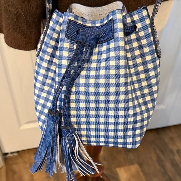 J.Crew Gingham Bucket Crossbody Bag Blue & White - Picture 3 of 7